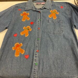 Whimsical Denim Shirt with Gingerbread Accents